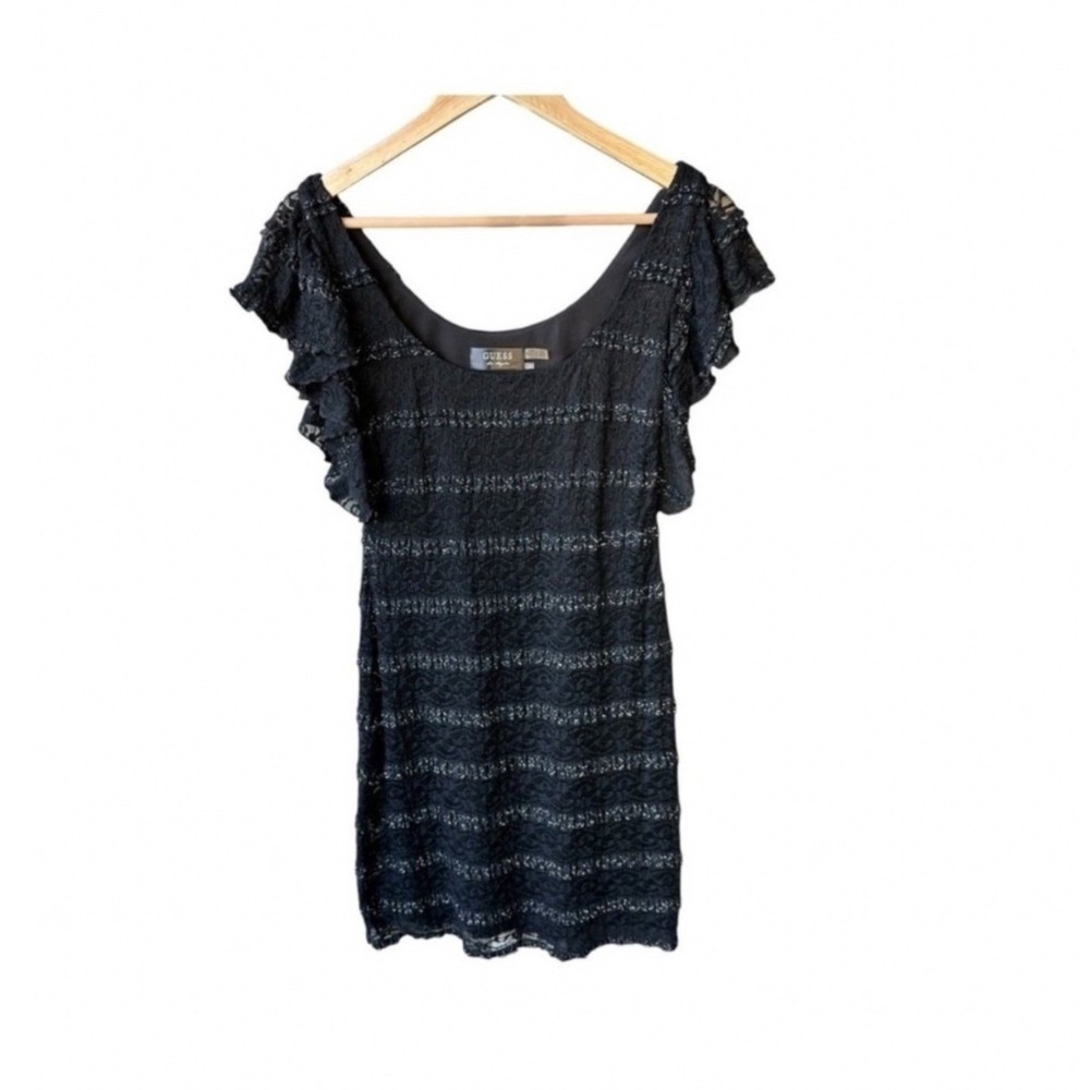 Guess Mini Dress Black Metallic Lace Ruffle Sleeve Formal Party Wedding Size 6